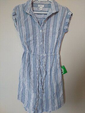 Japna Shirt Dress Size S/XS Blue White Stripe Drawstring Waist Beach Preppy